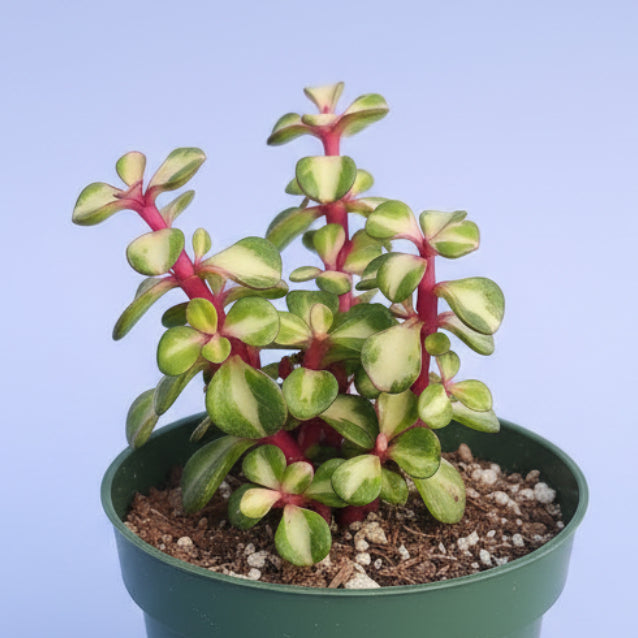 Portulacaria afra 'Elephant Bush' with pink stems and marbled leaves.